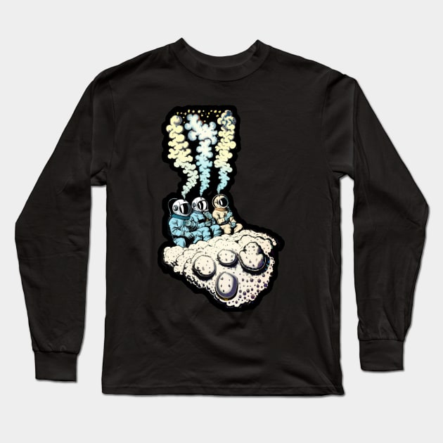 Three astronauts with smoking heads sitting on a cloud of moon Long Sleeve T-Shirt by maxdax